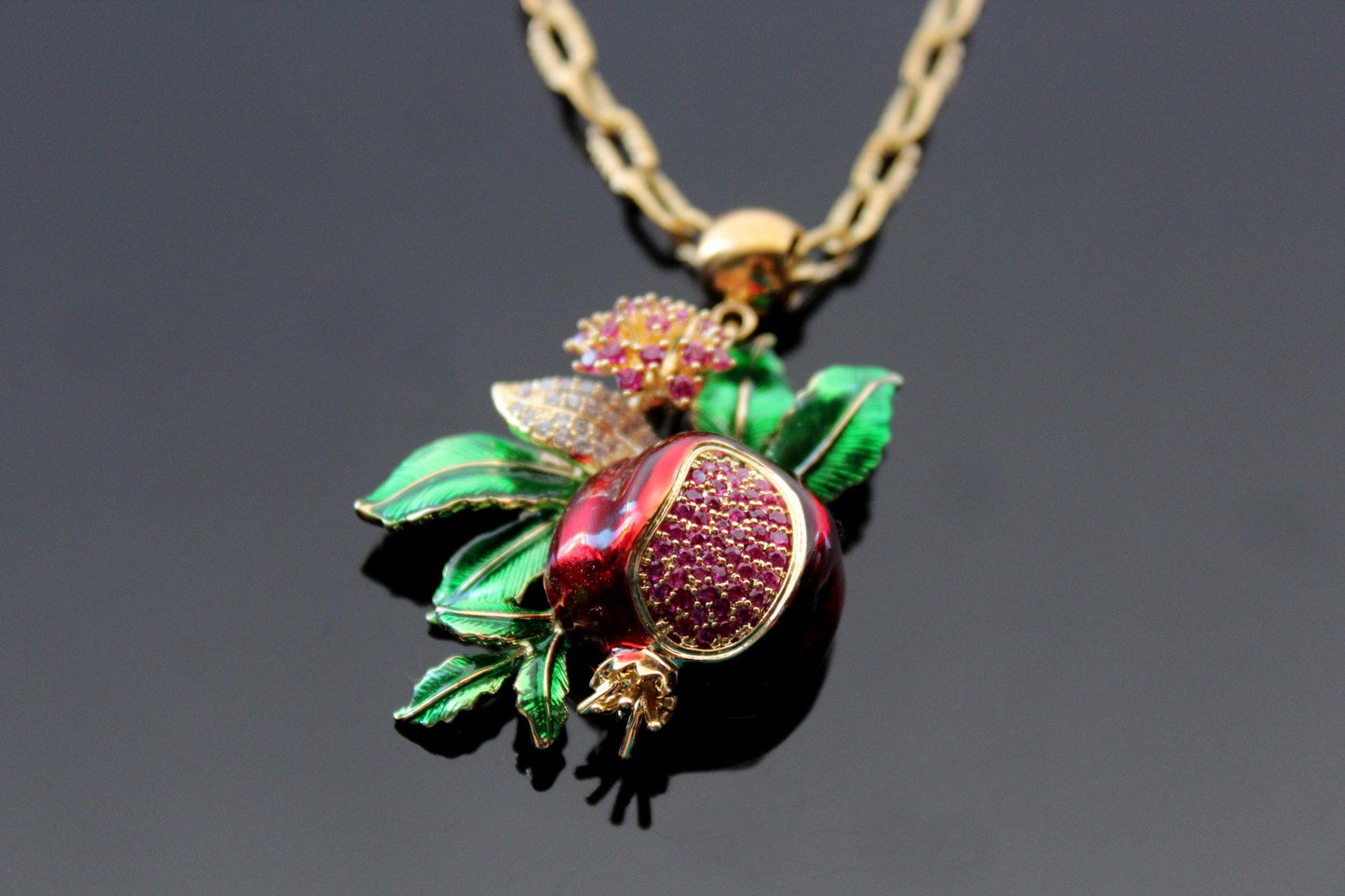 Pomegranate pendant, Gold plated pendant with crystals