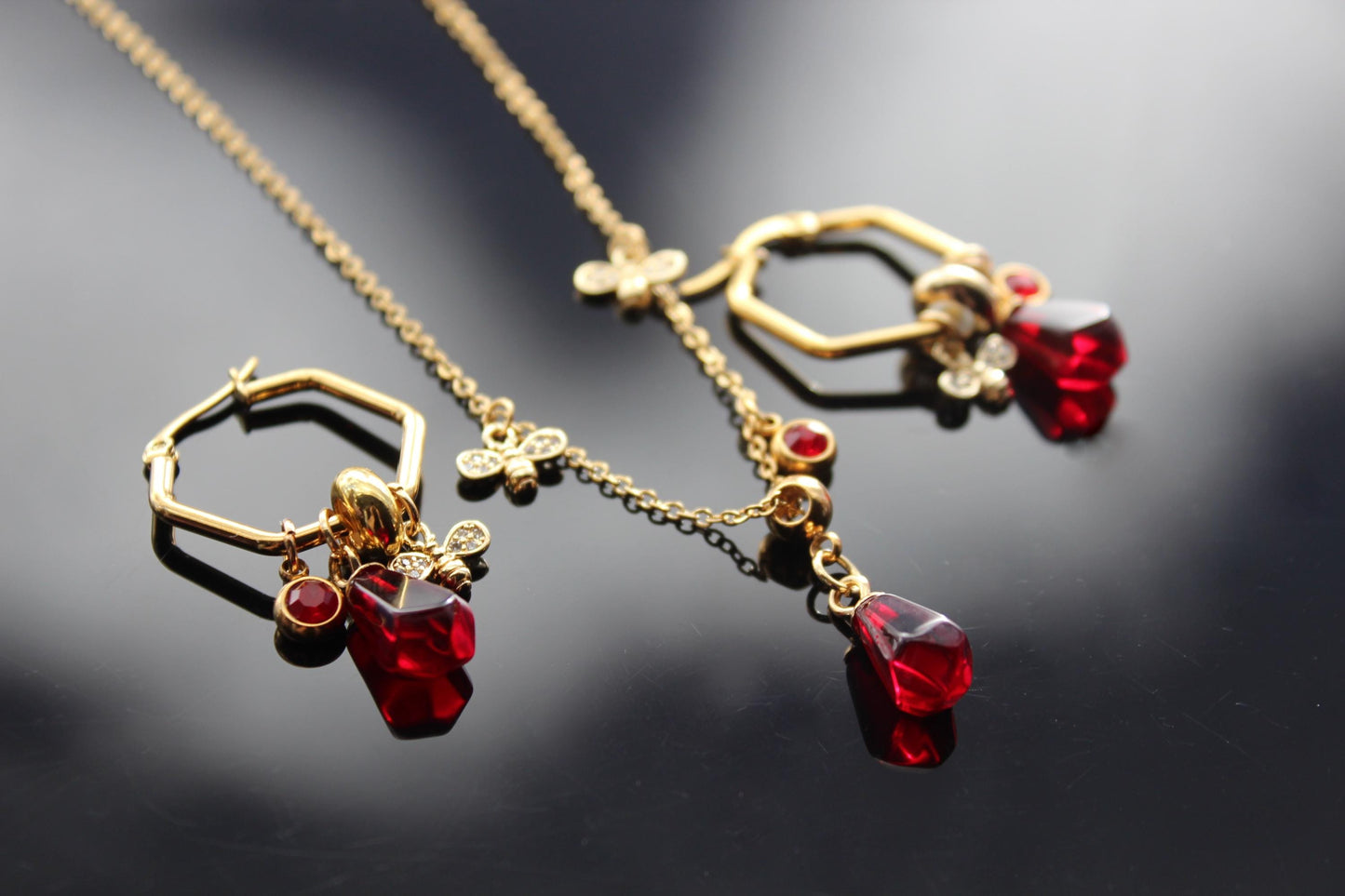 18K gold plated stainless steel, non tarnish Pomegranate seeds and bee jewelry