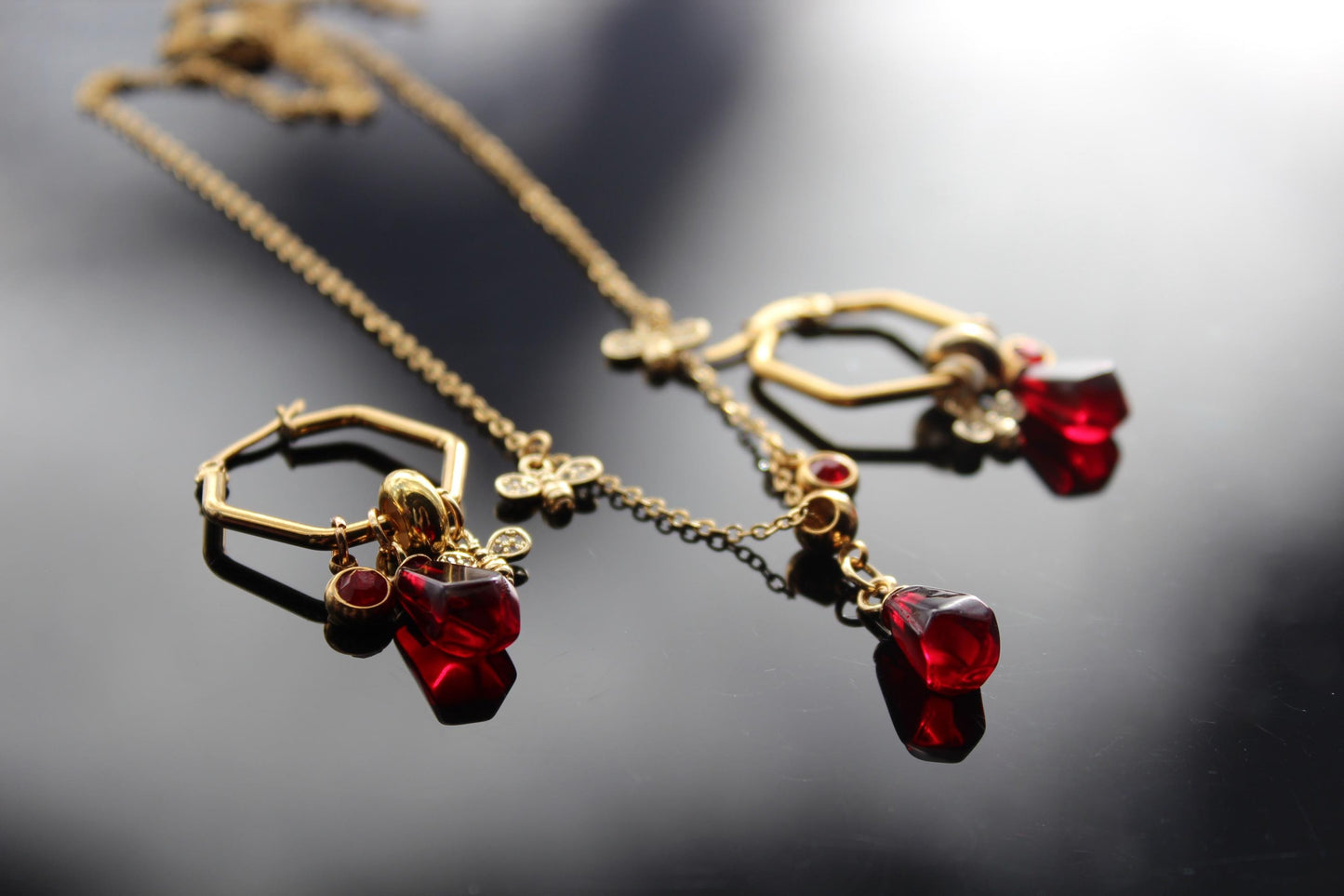 18K gold plated stainless steel, non tarnish Pomegranate seeds and bee jewelry
