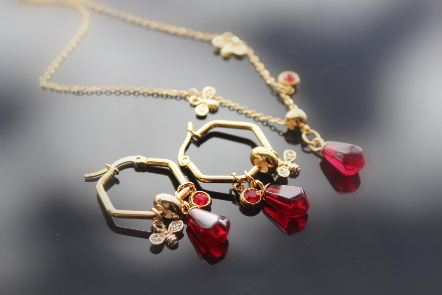 18K gold plated stainless steel, non tarnish Pomegranate seeds and bee jewelry