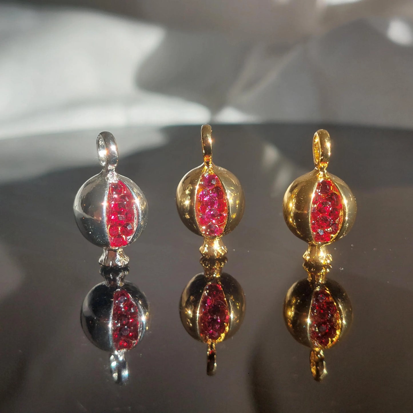 High quality gold plated water resistant pomegranate charm with glass beads
