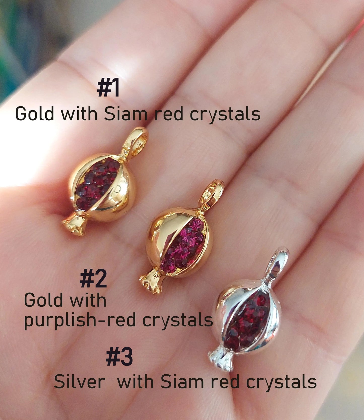 High quality gold plated water resistant pomegranate charm with glass beads