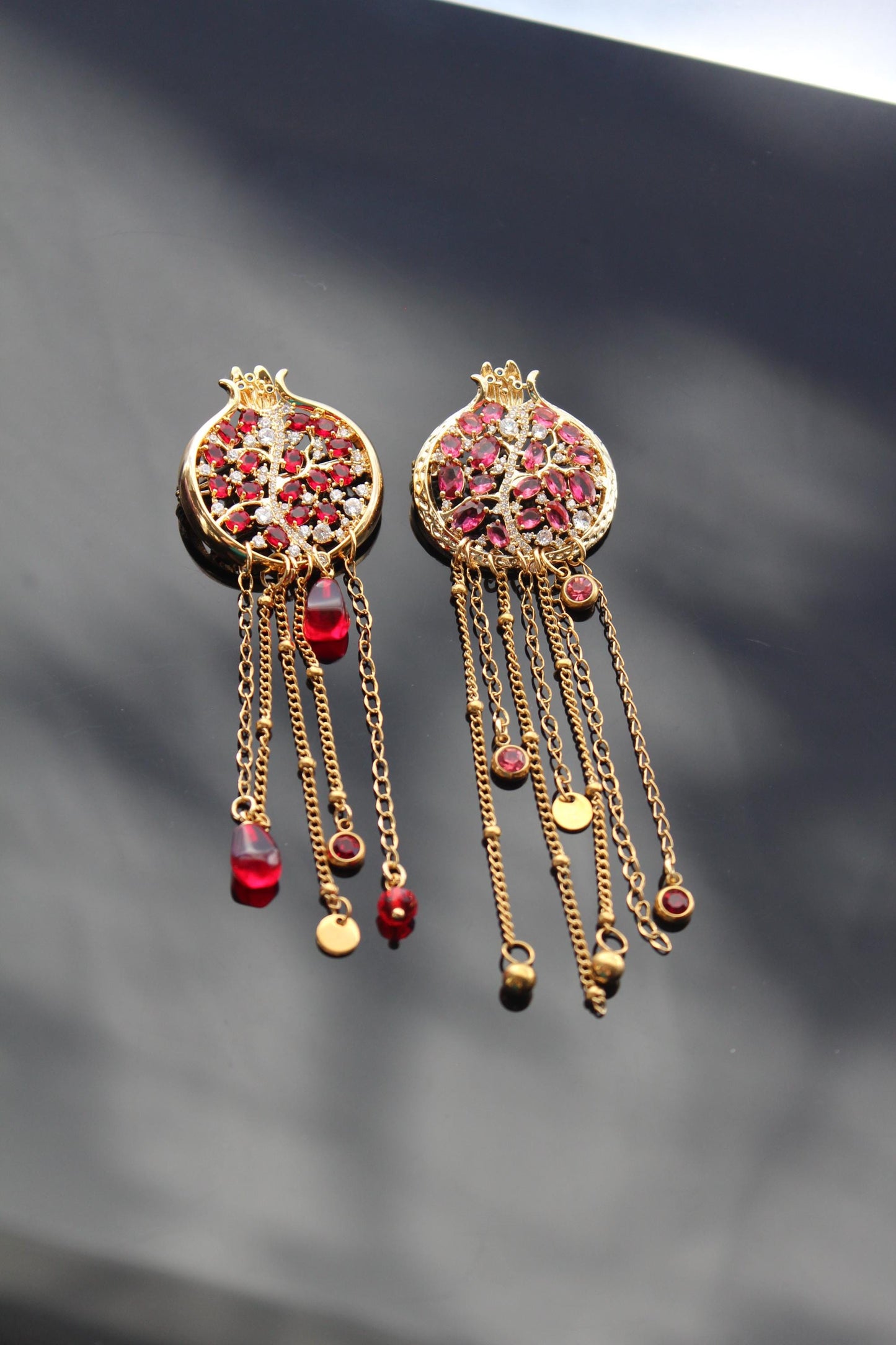 Handmade 14K gold plated Pomegranate brooch with zircons and glass beads