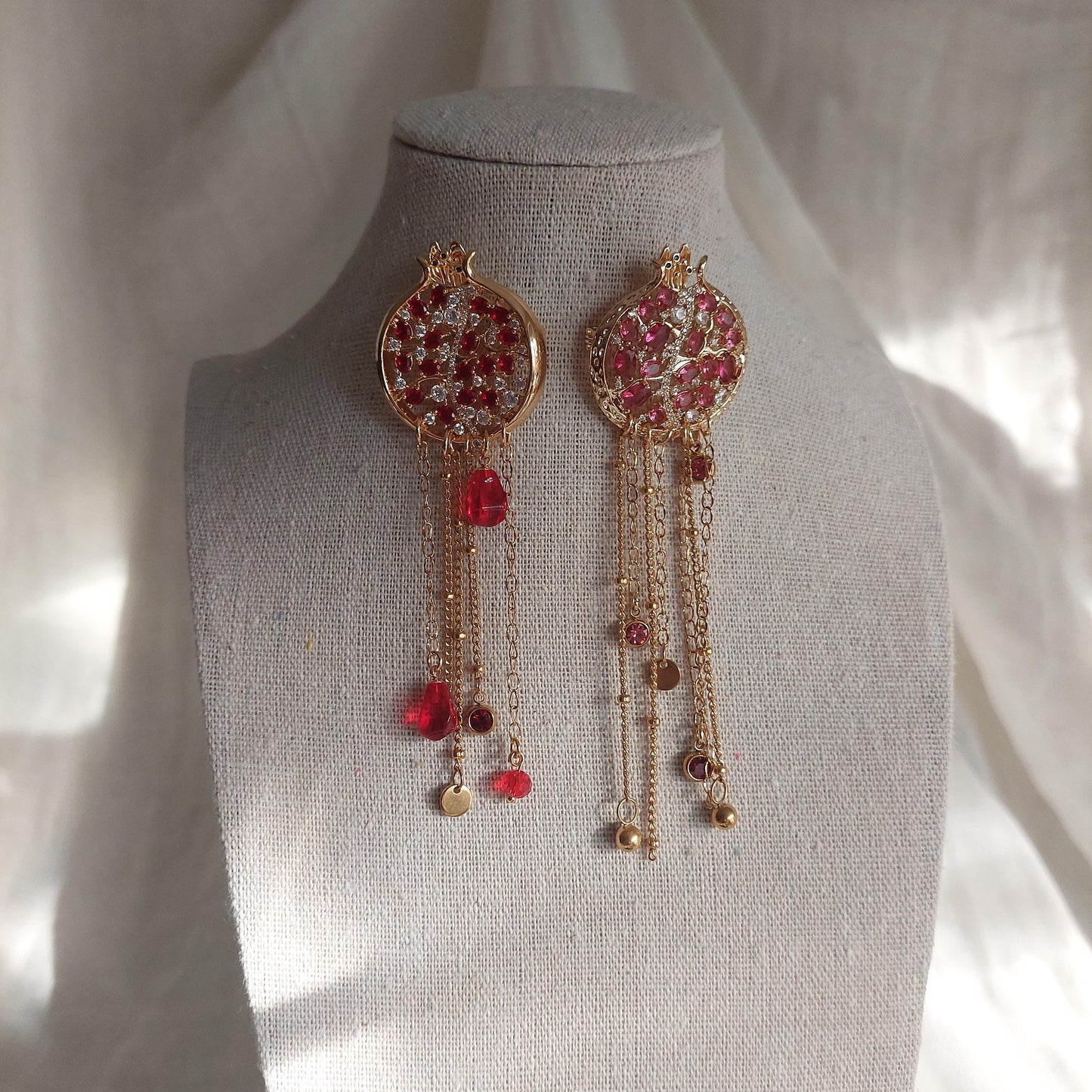 Handmade 14K gold plated Pomegranate brooch with zircons and glass beads