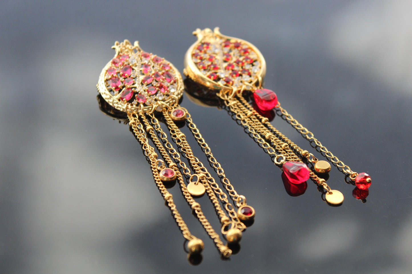 Handmade 14K gold plated Pomegranate brooch with zircons and glass beads