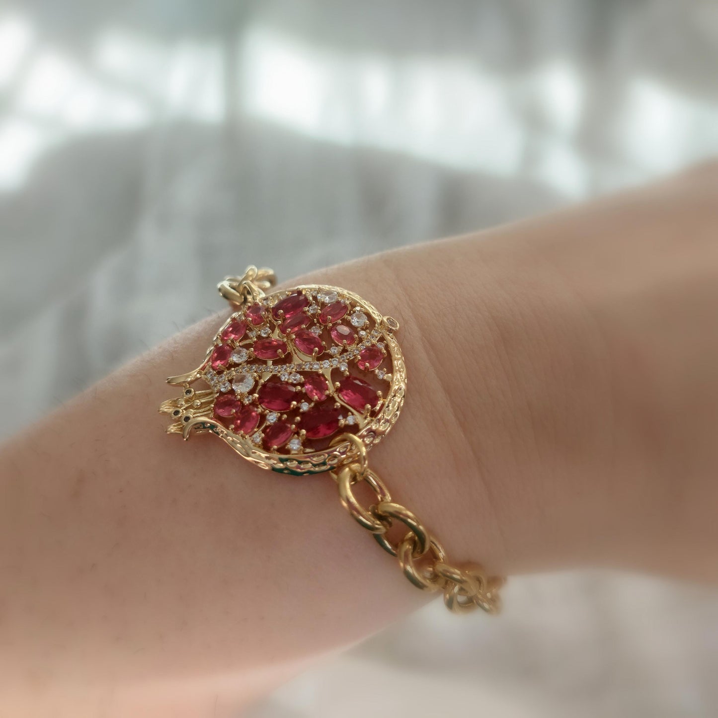 Adjustable 14K gold plated stainless steel pomegranate bracelet with crystals and zircons