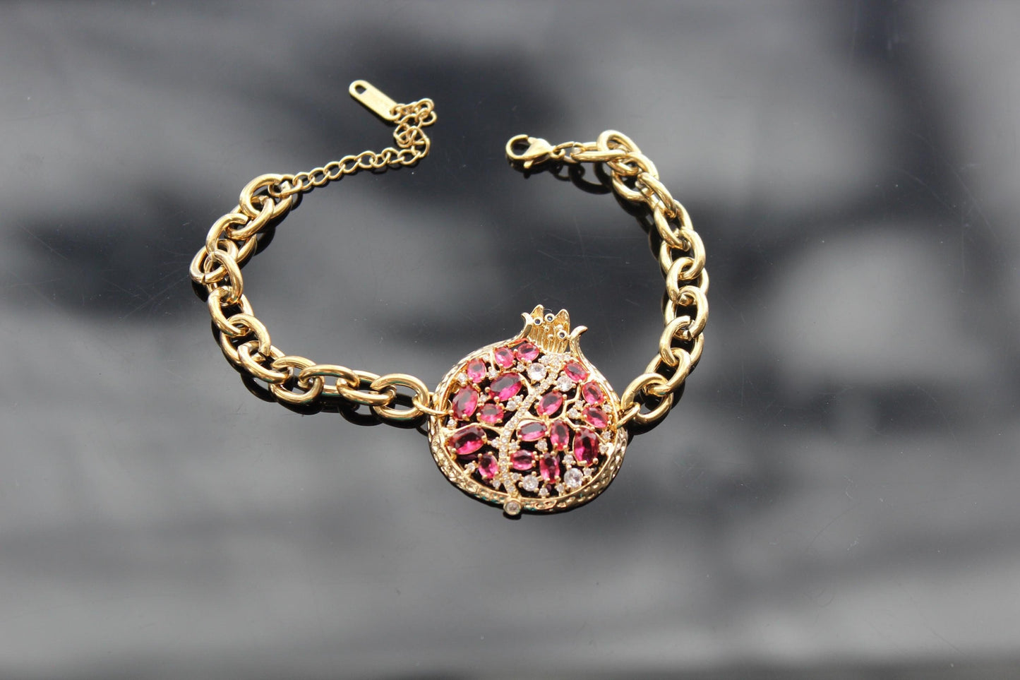 Adjustable 14K gold plated stainless steel pomegranate bracelet with crystals and zircons