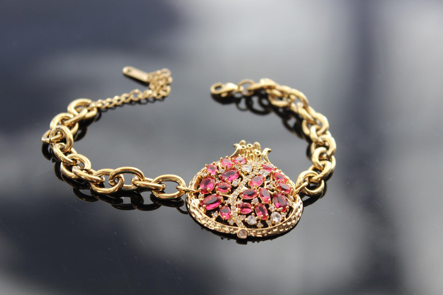 Adjustable 14K gold plated stainless steel pomegranate bracelet with crystals and zircons
