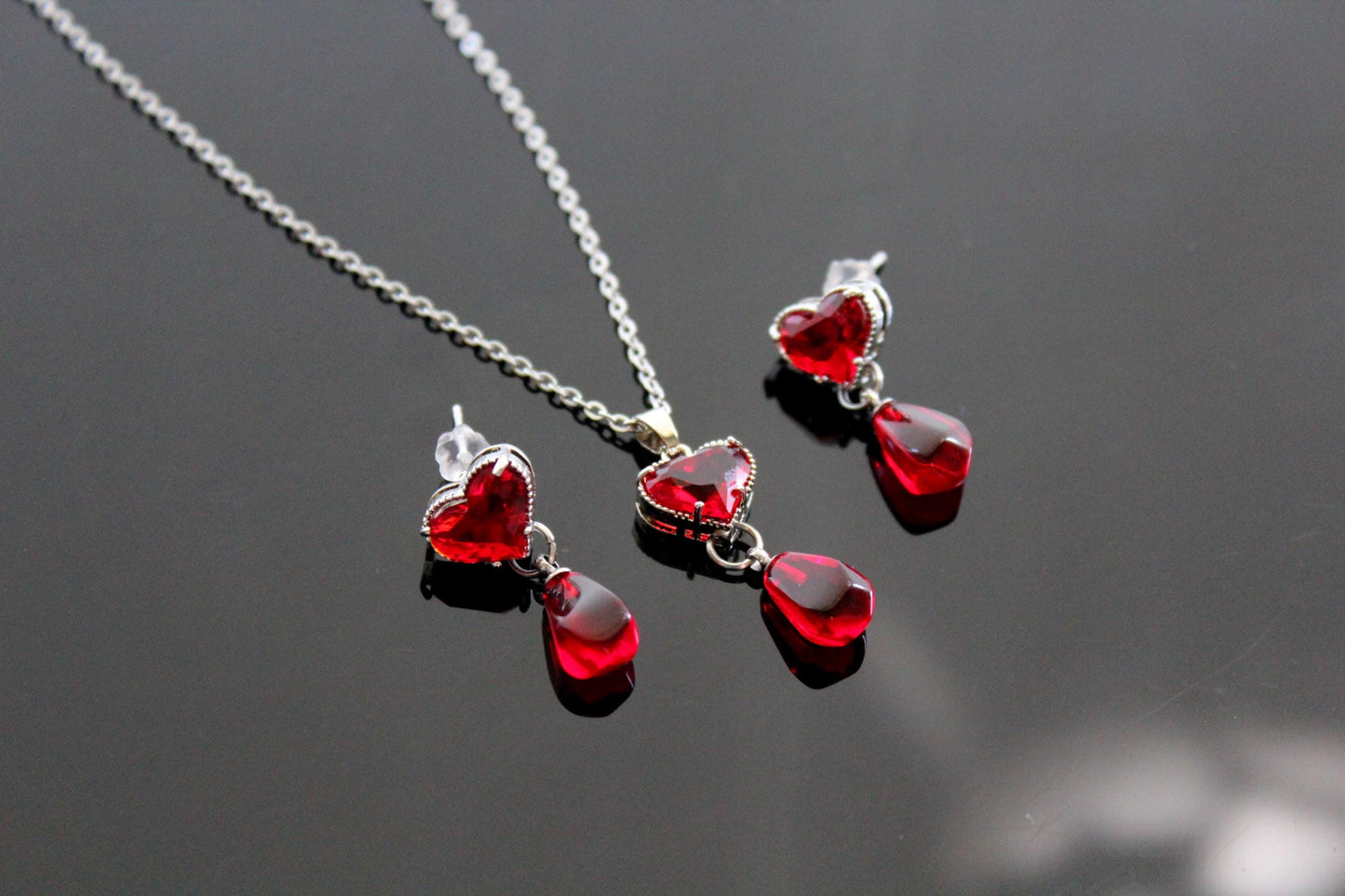 Crystal Heart and Pomegranate Drop Jewelry Set