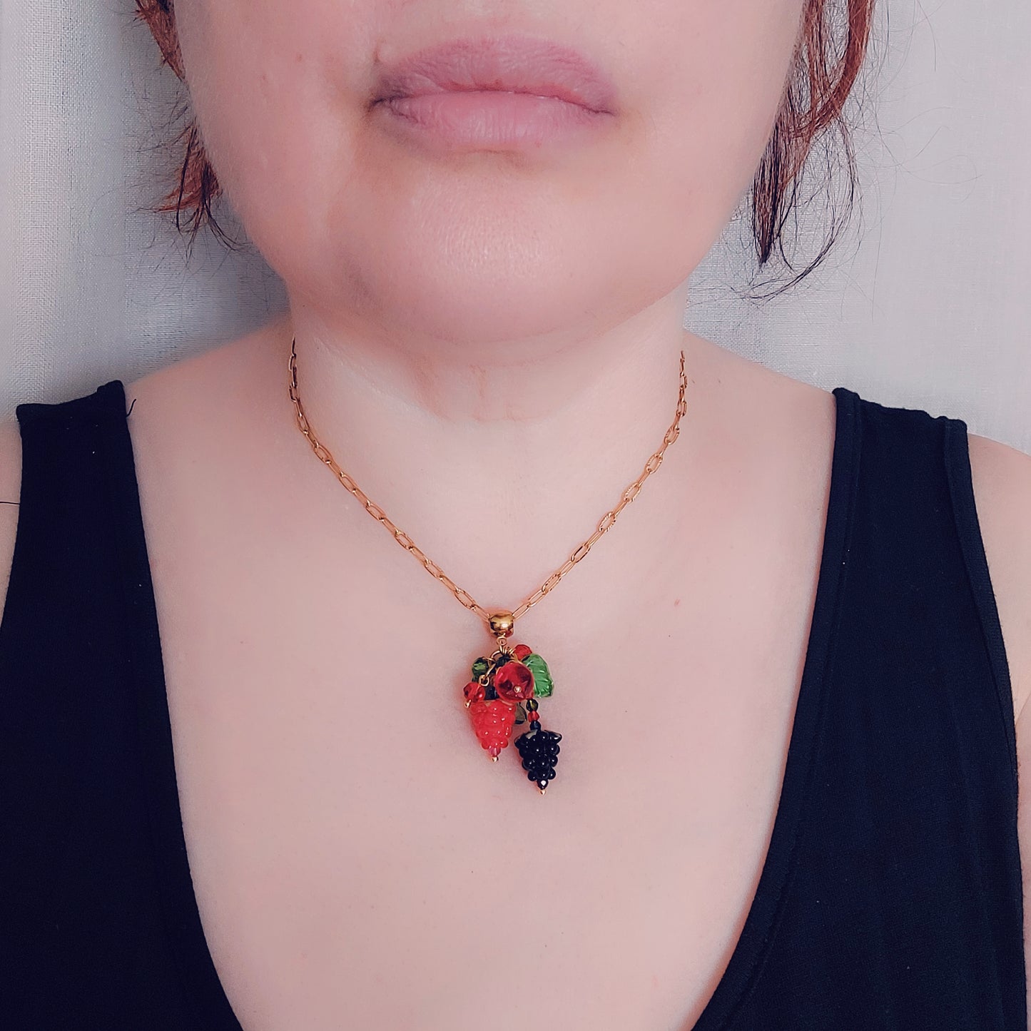 Hand Made Glass Raspberry Necklace with Gold Hardware