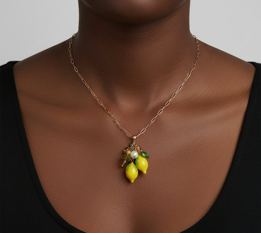 Hand Made Glass Lemon Necklace with Gold Hardware