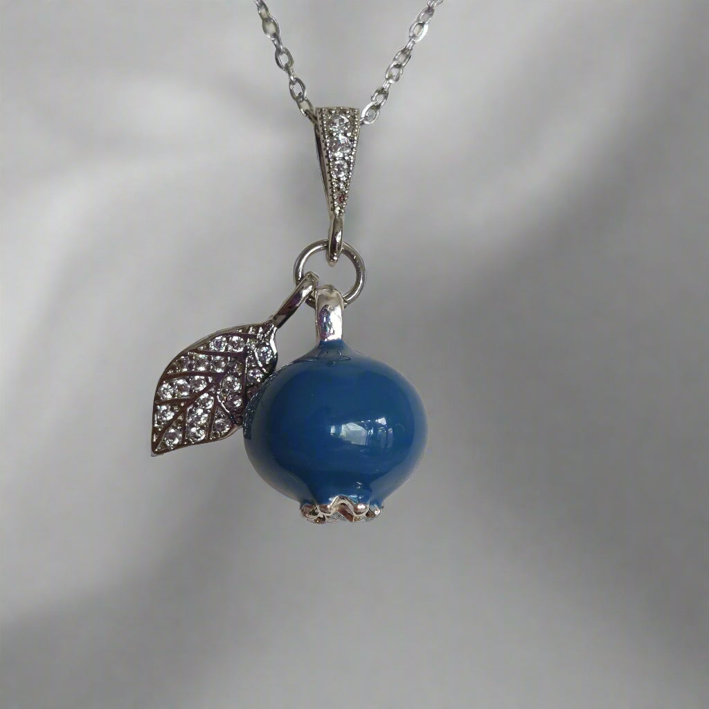 Handmade Enamel Blueberry Pendant Necklace with Crystal Leaf, Silver Chain, Blue