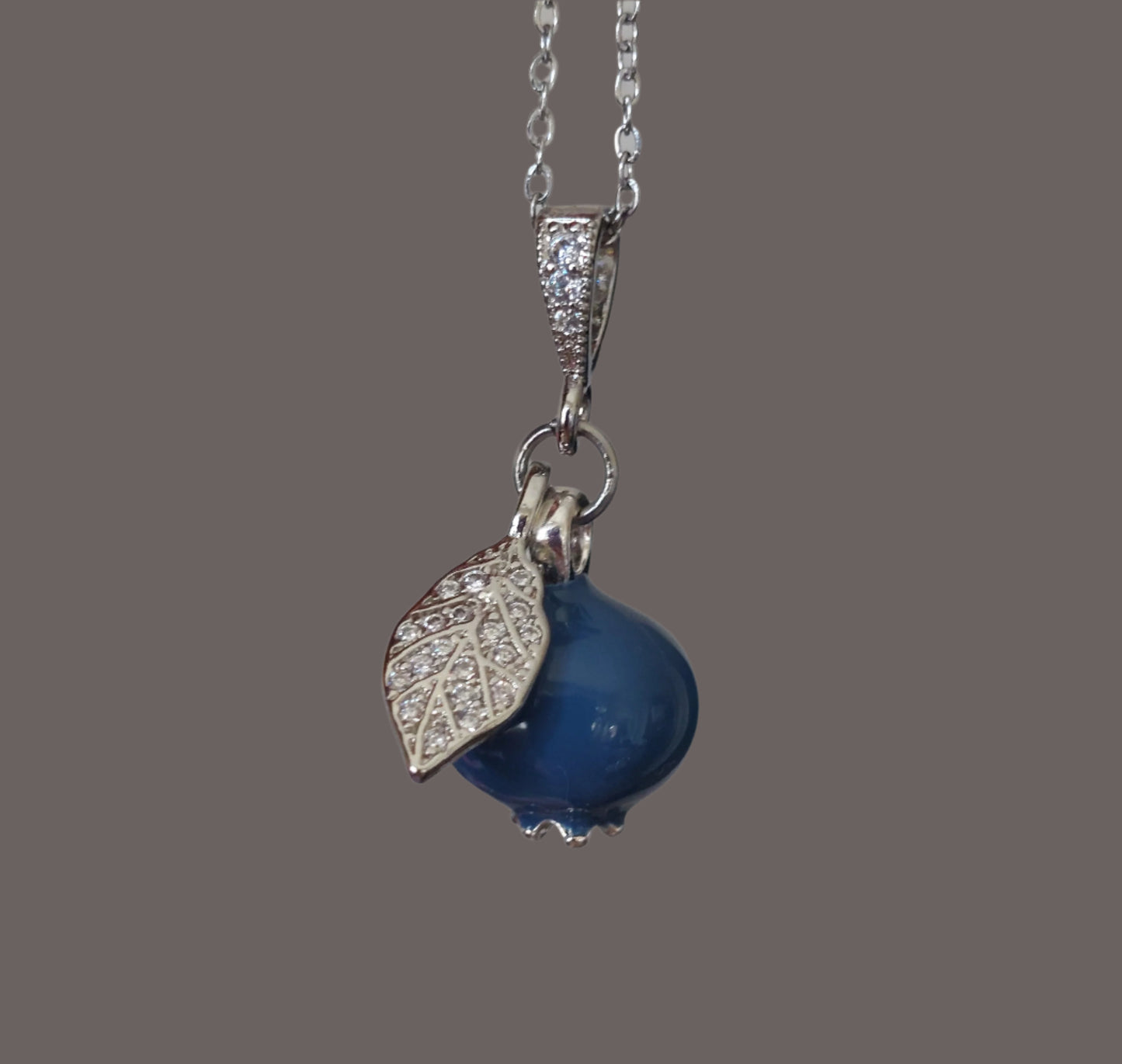 Handmade Enamel Blueberry Pendant Necklace with Crystal Leaf, Silver Chain, Blue