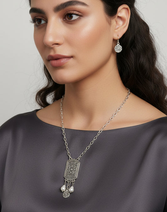 "Shield" Antique Silver Armenian Jewelry Set with Natural Pearls and Eternity Symbol