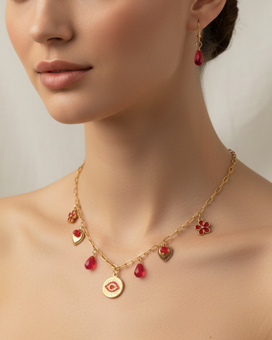 Handmade Evil Eyes Charm Pomegranate floral necklace  with earrings