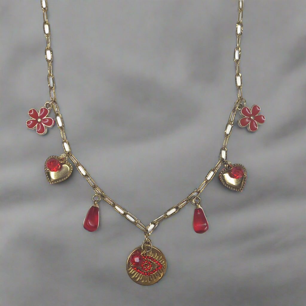 Handmade Evil Eyes Charm Pomegranate floral necklace  with earrings