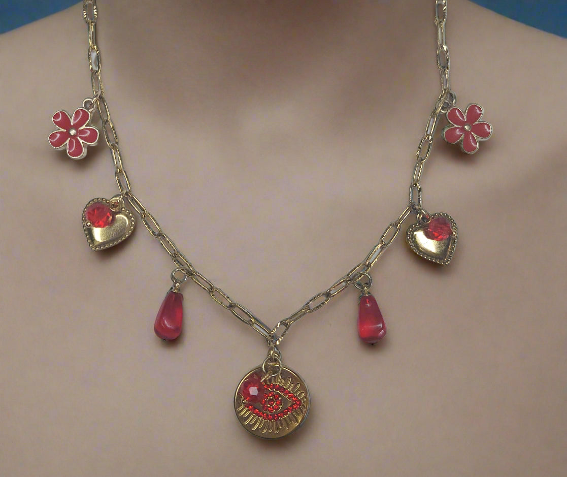 Handmade Evil Eyes Charm Pomegranate floral necklace  with earrings