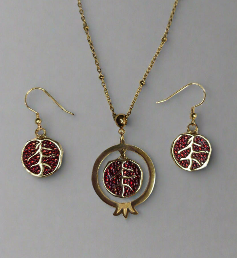 Handmade Pomegranate-shaped pendant and delicate matching earrings