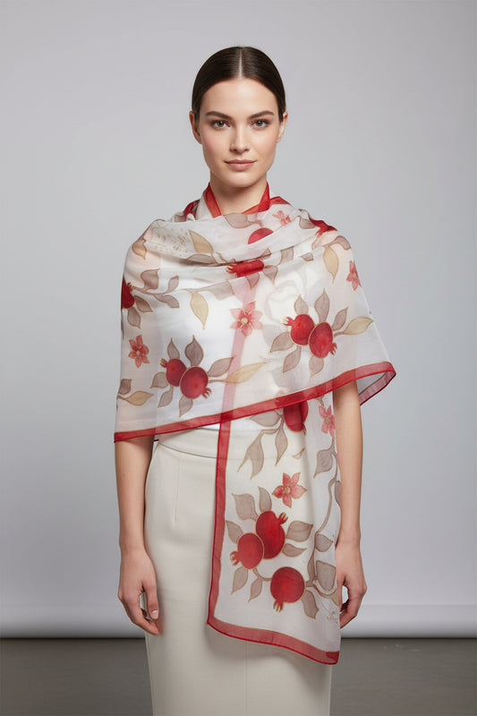Hand painted pomegranate silk scarf