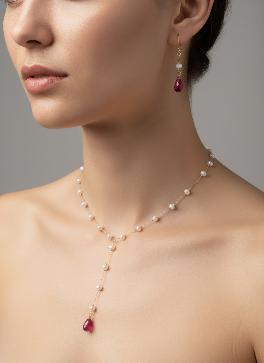 Handmade 18K gold plated stainless steel non tarnish Pomegranate glass seeds jewelry set with natural pearls
