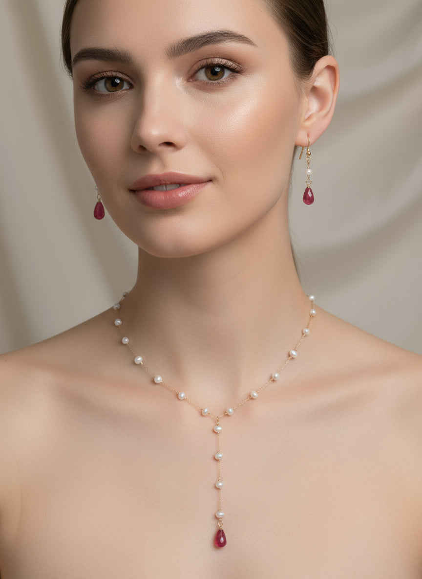 Handmade 18K gold plated stainless steel non tarnish Pomegranate glass seeds jewelry set with natural pearls