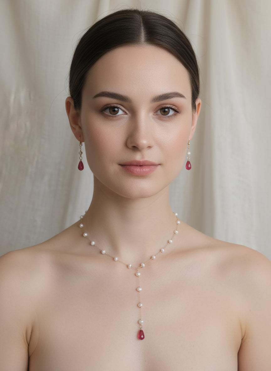 Handmade 18K gold plated stainless steel non tarnish Pomegranate glass seeds jewelry set with natural pearls