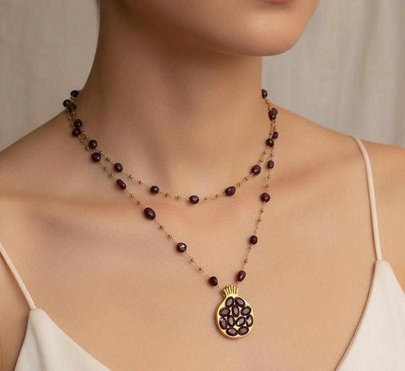18K gold  plated layered pomegranate pendant necklace with AAA grade natural garnet