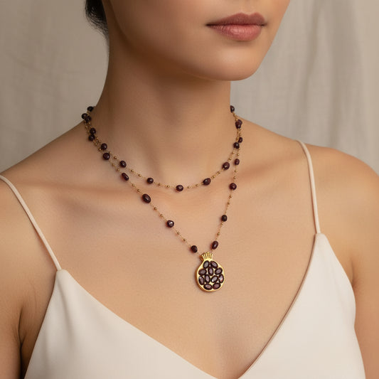 18K gold  plated layered pomegranate pendant necklace with AAA grade natural garnet