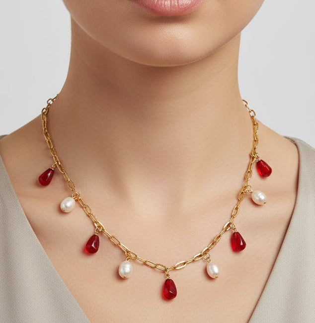18K gold plated stainless steel Glass Pomegranate seeds with Natural Pearl necklace