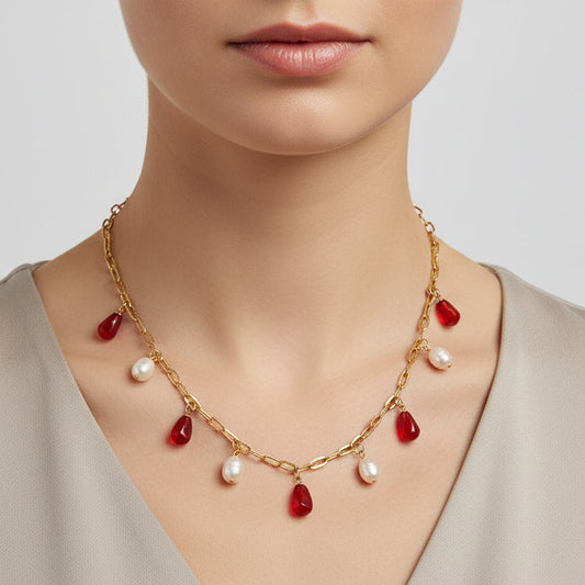 18K gold plated stainless steel Glass Pomegranate seeds with Natural Pearl necklace