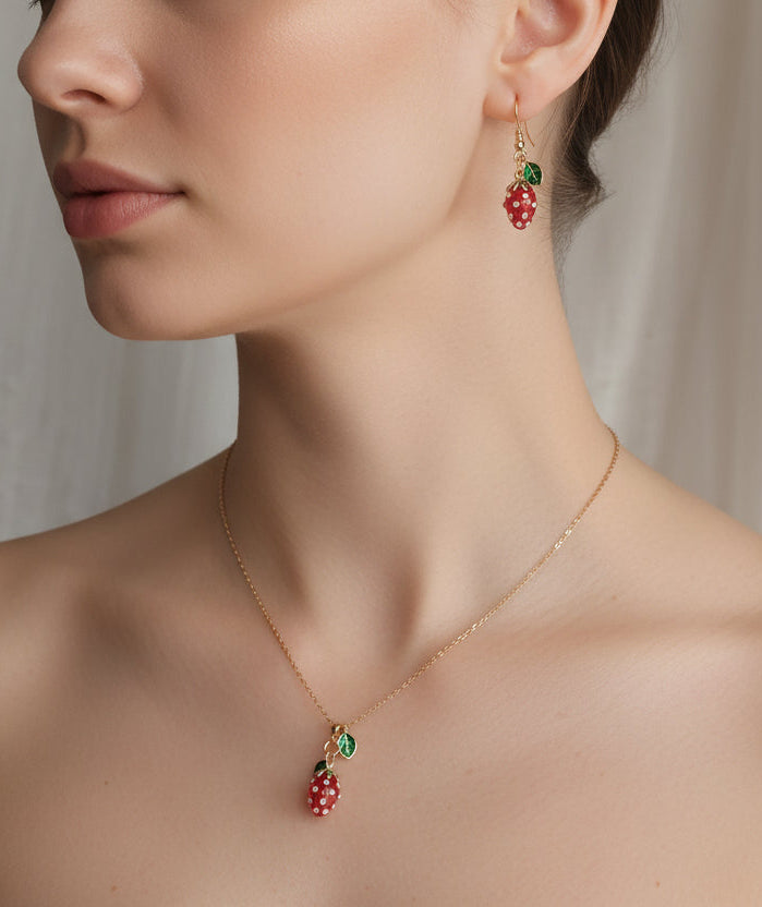 Handmade Enamel Stainless Steel Hypoallergenic Jewelry Set Strawberry Jewelry