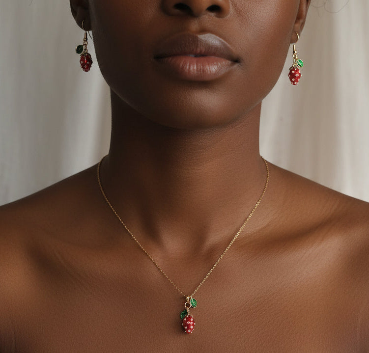 Handmade Enamel Stainless Steel Hypoallergenic Jewelry Set Strawberry Jewelry
