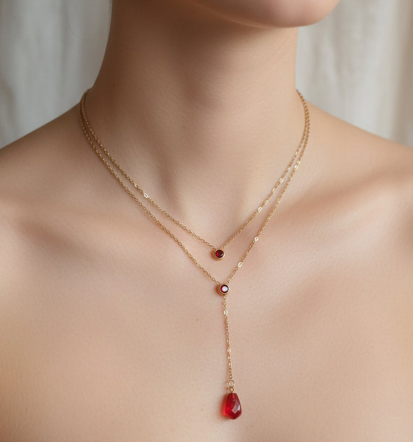 Glass pomegranate seed Y shape layered necklace