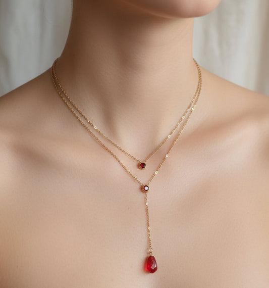Glass pomegranate seed Y shape layered necklace