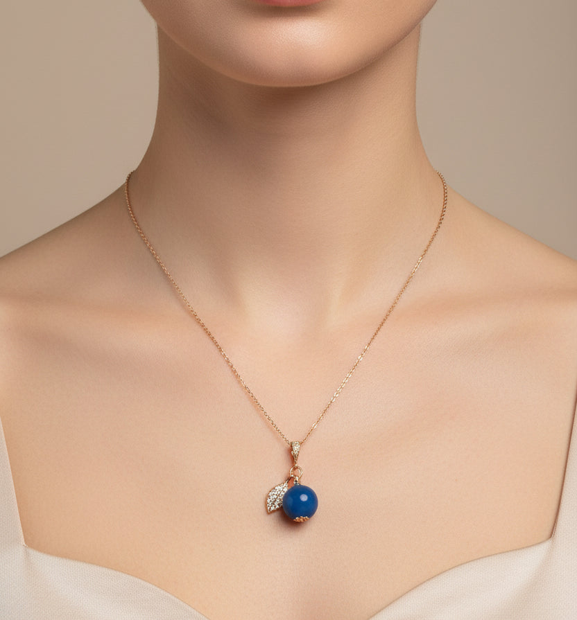 Handmade Enamel Blueberry Pendant Necklace with Crystal Leaf, Silver Chain, Blue