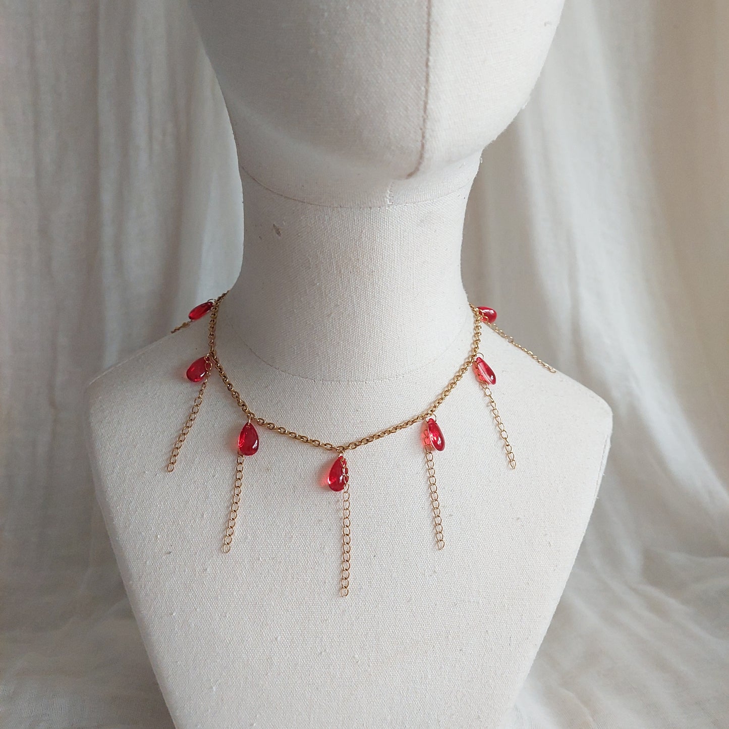 Handmade red drop glass beads necklace  with hanging chains