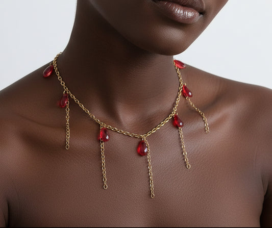 Handmade red drop glass beads necklace  with hanging chains