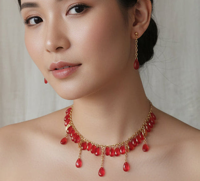 Handmade red drop glass beads jewelry set
