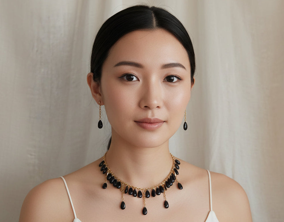 Handmade black drop glass beads jewelry set