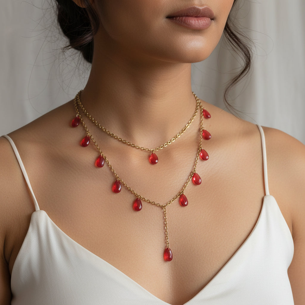 Handmade red drop glass beads necklace