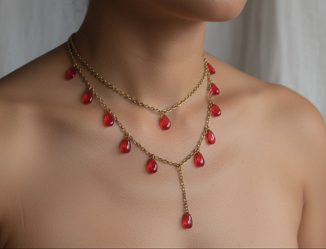 Handmade red drop glass beads necklace