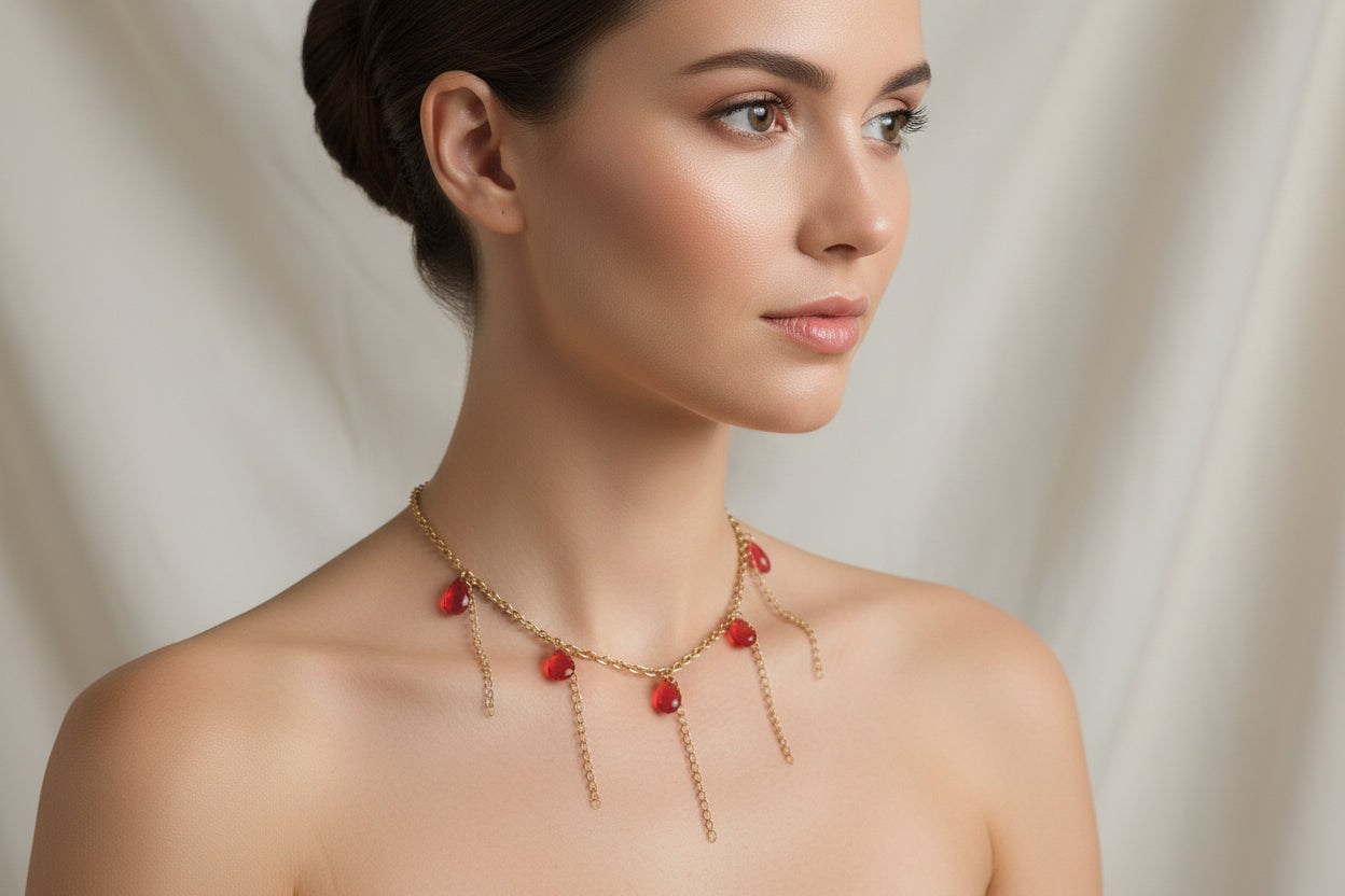 Handmade red drop glass beads necklace  with hanging chains