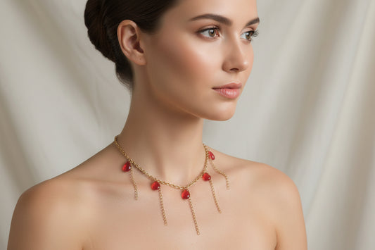 Handmade red drop glass beads necklace  with hanging chains