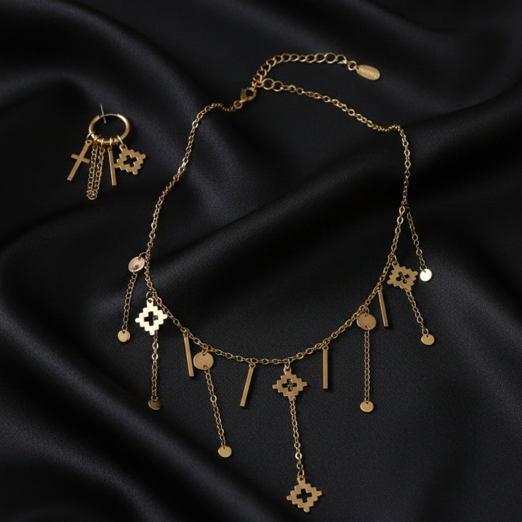 Handmade real gold plated stainless steel jewelry set for Armenian bib necklace with  hanging chains