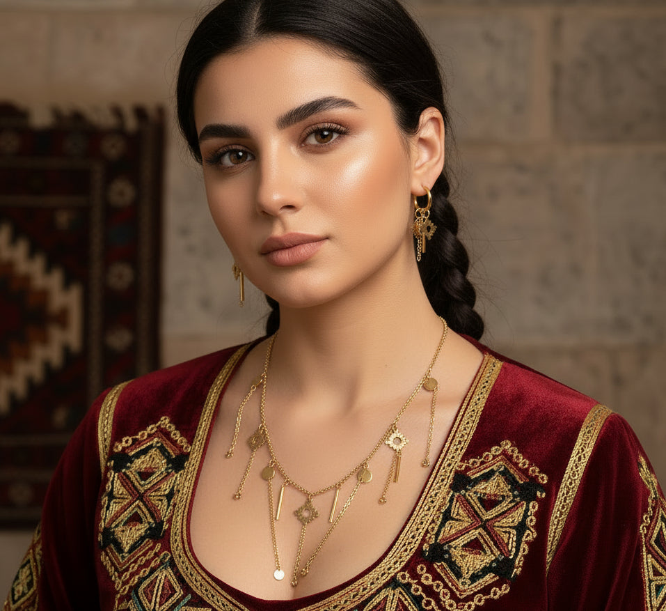Handmade real gold plated stainless steel jewelry set for Armenian bib necklace with  hanging chains