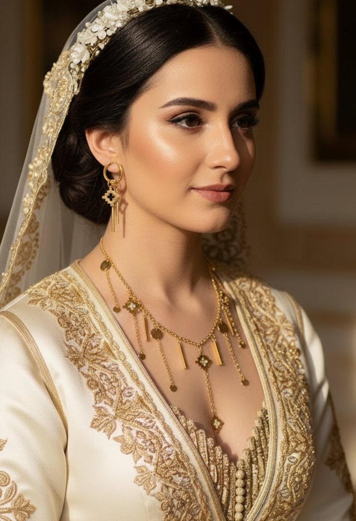 Handmade real gold plated stainless steel jewelry set for Armenian bib necklace with  hanging chains