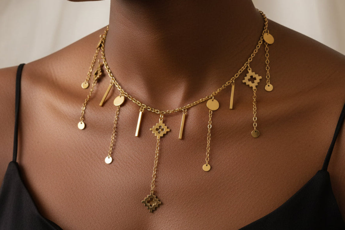 Handmade real gold plated stainless steel jewelry set for Armenian bib necklace with  hanging chains