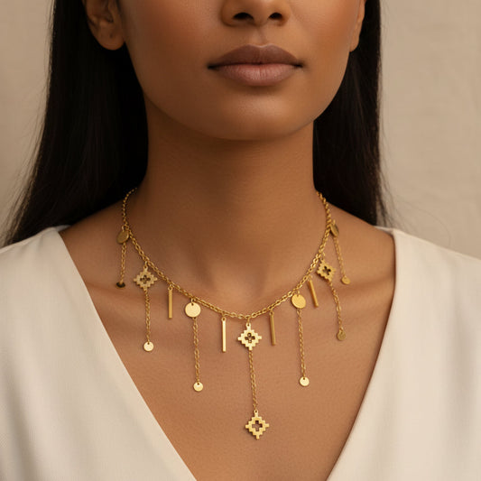 Handmade real gold plated stainless steel jewelry set for Armenian bib necklace with  hanging chains