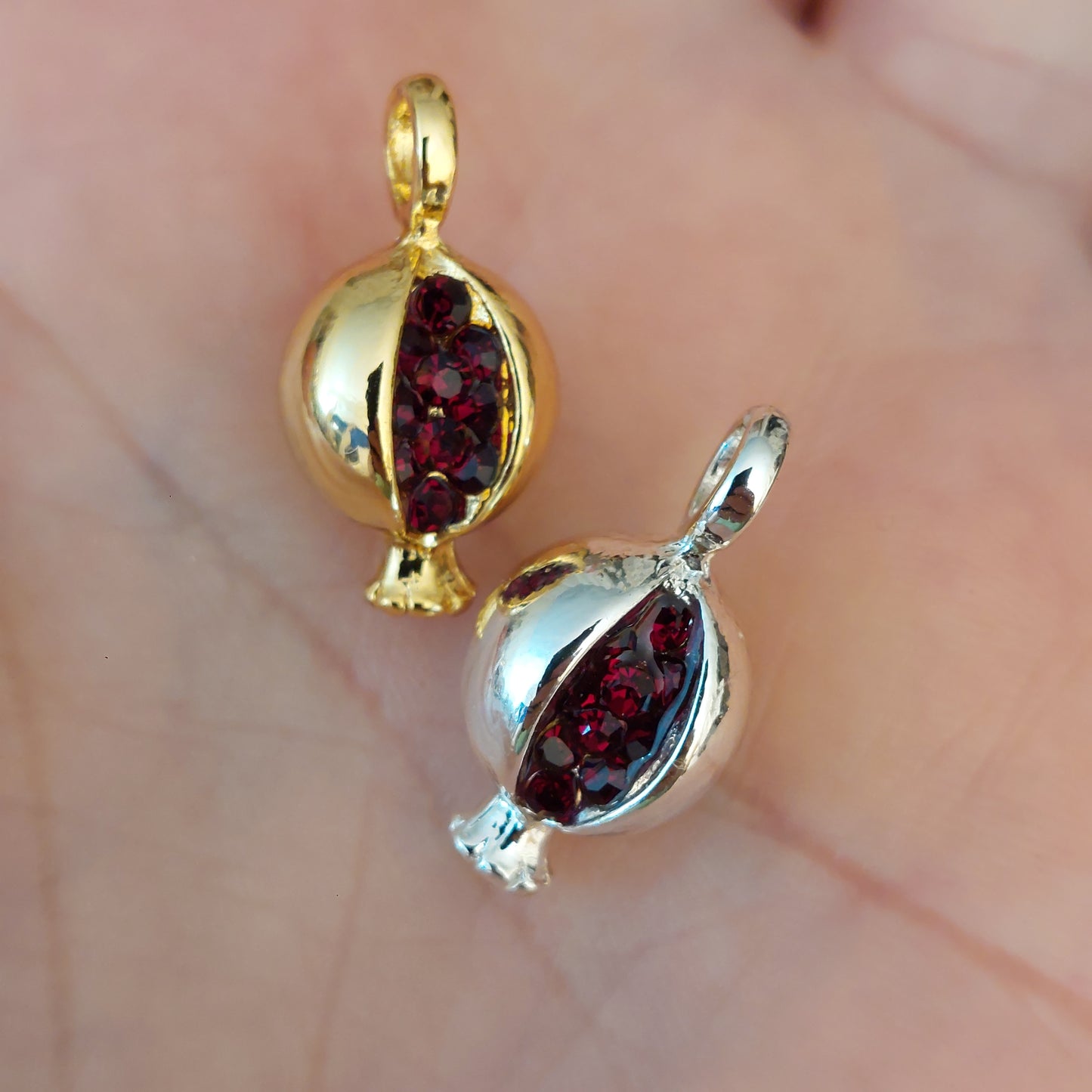 High quality gold plated water resistant pomegranate charm with glass beads