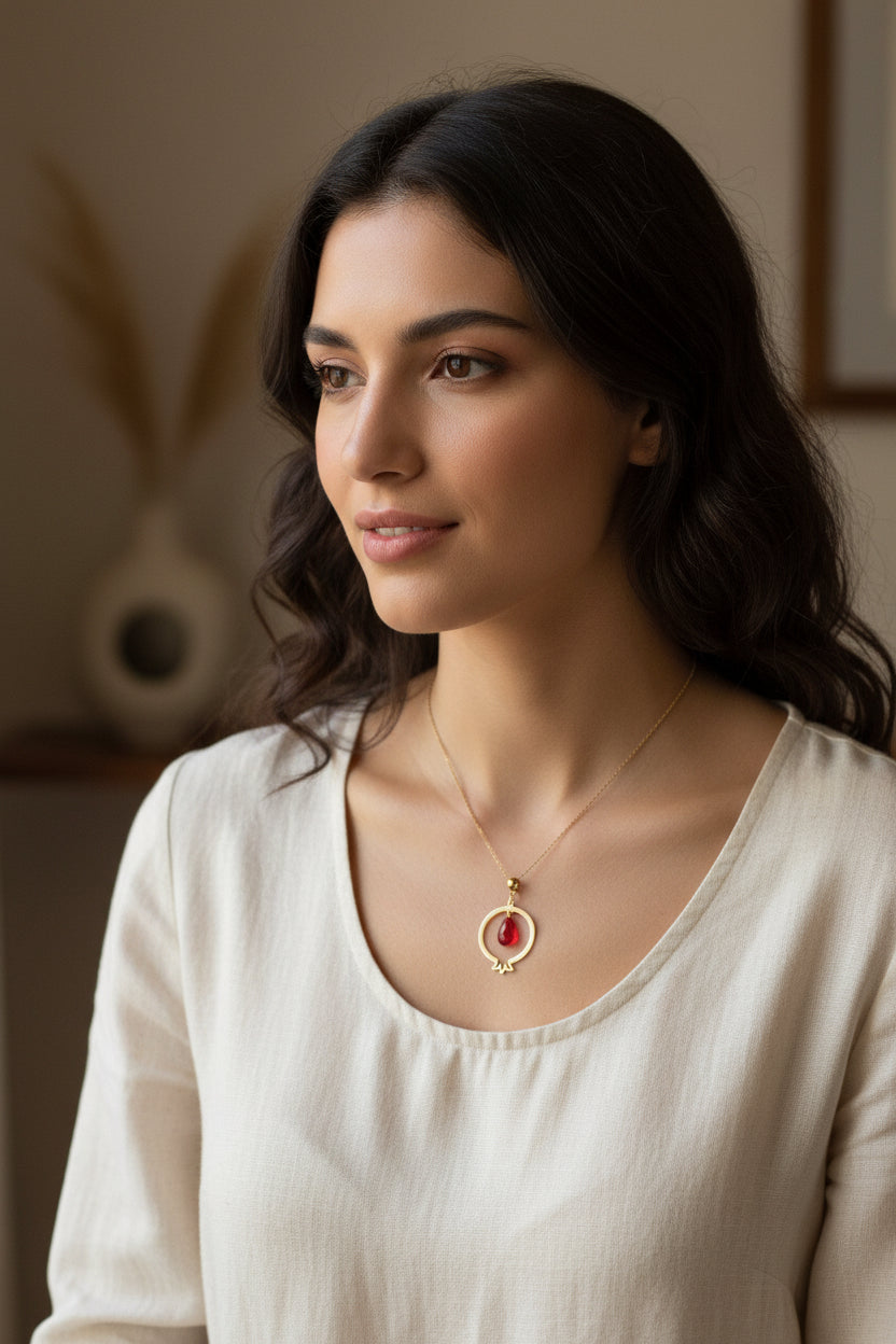 Handmade Pomegranate-shaped pendant hypoallergenic gold plated stainless steel with glass bead